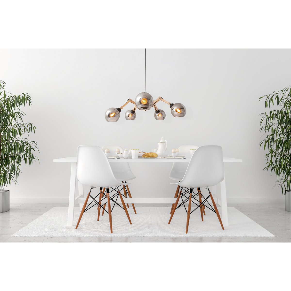 5 glazen hanglamp "soito" hanglamp gemaakt van metaal, glas en rubberen hout, met E14 -aansluiting, voor eetkamer, woonkamer, gang of kantoor, een diameter van 80 cm