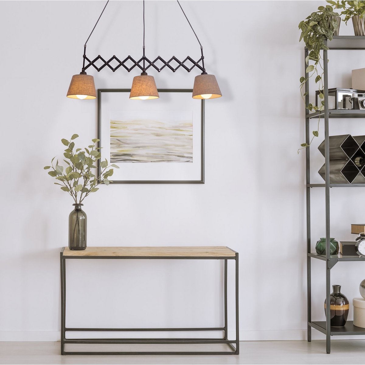 Shear hanger lamp "Adrienne", breedte uit te strekken van 52-100 cm, gemaakt van bruin metaal met natuurlijk gekleurde textiel parasols, E27-versies, verlichting voor woonkamer, eetkamer of kantoor