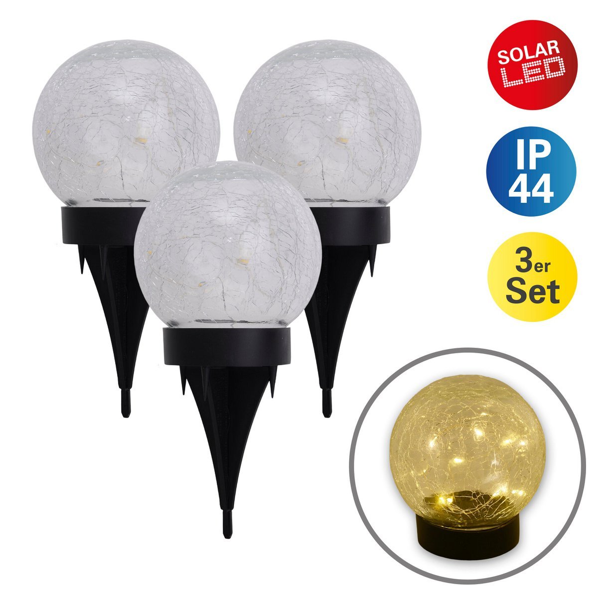 3 Set LED LED Solar Table Lamp/Aand Skeer "Crackle" Ø 12 cm, voor buiten, taflamp-plastic en glas, wit, met geïntegreerde LED