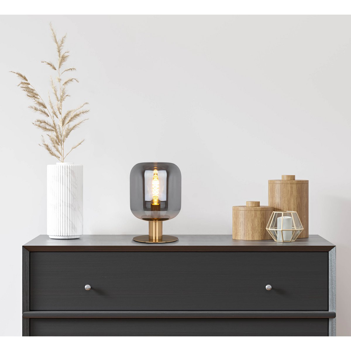 Glazen tafellicht "Alessio", 30 cm hoog, Ø 20 cm, goudkleurig metaal, rookglas, E14