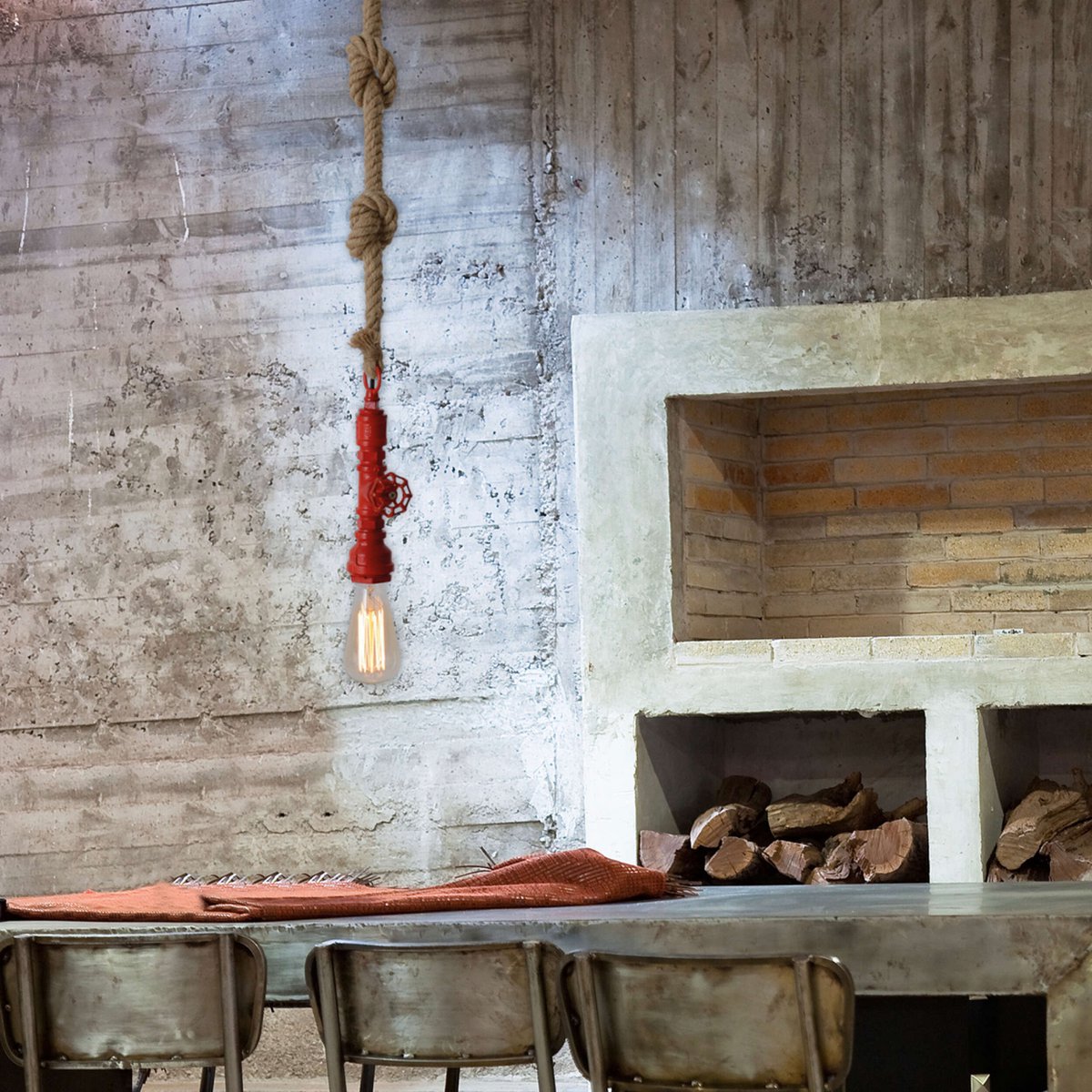 Hanger lamp "regia", rood metaal, henneptouw, E27 -versie, verlichting voor woonkamer, jeugdruimte of kantoor