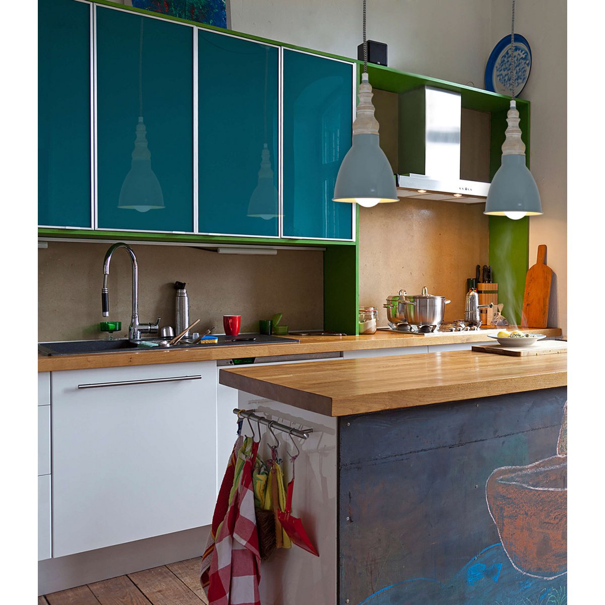 Metal hanglamp "Delhi" retro klassiek gemaakt van metaal en natuurlijke materialen in grijsgroen, E27