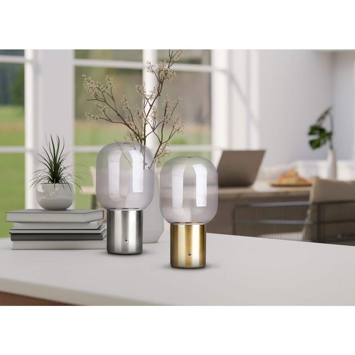 Draadloos tafellicht "Albero" decoratief tafellicht gemaakt van messing gekleurd metaal en glas met stevig ingebouwde LED's, dimbaar met aanraaksensor, 25 cm hoog