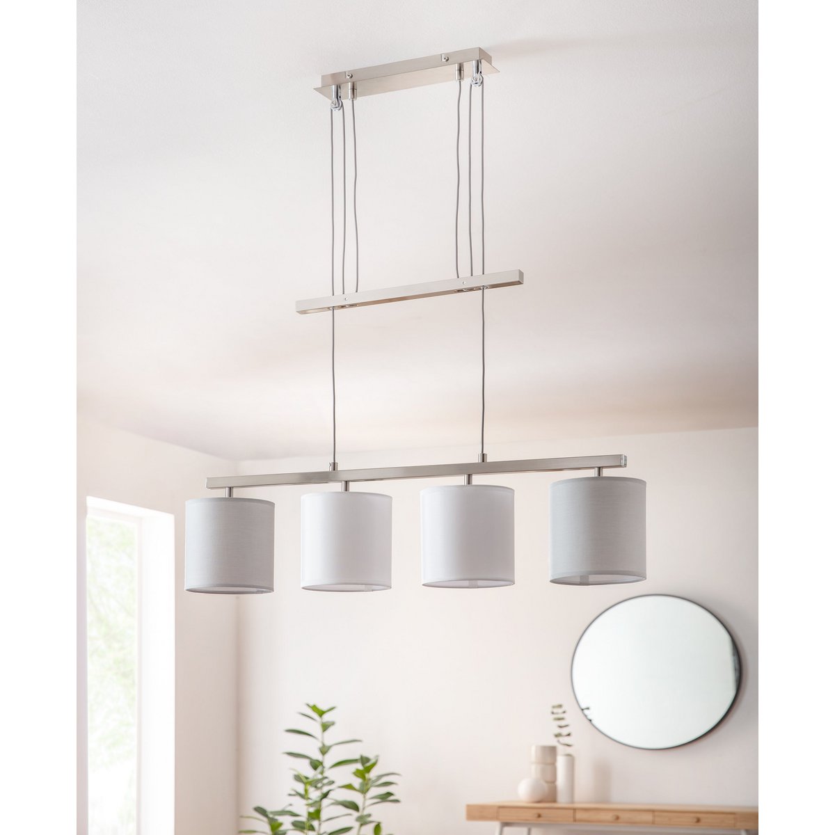 4 hanglamp "tilde", klassieke metalen slinger lamp en textiel in grijs en wit, met E27 -frame, hoogte verstelbaar, 86 cm lang, ideaal als eetlamp