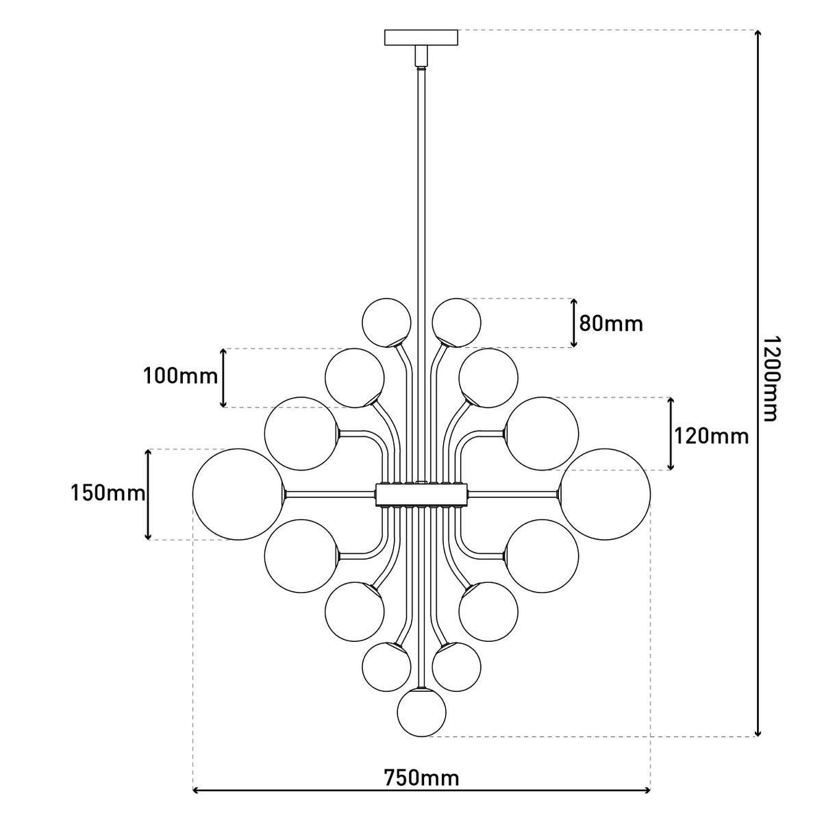 Hanger lamp "bol" Ø 75 cm, au s metaal en glas met verschillende structuren, verlichting voor woonkamer, eetkamer of kantoor.