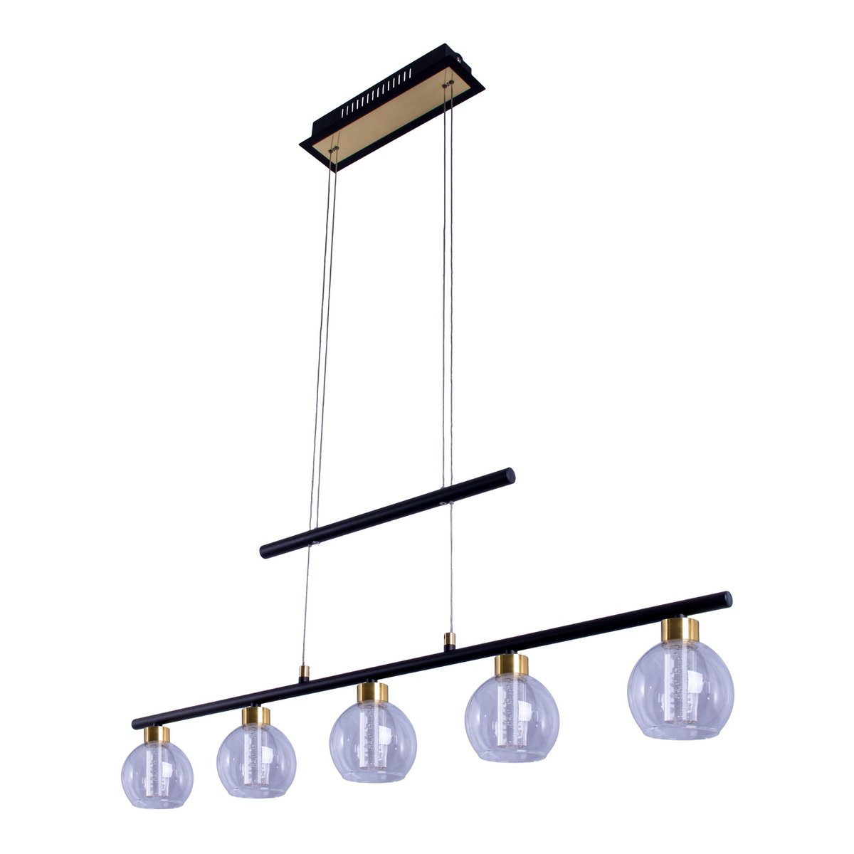 LED-glazen hanglamp "messing" zwart, klassiek, hangende lamp gemaakt van zwart metaal en glas, met stevig ingebouwde LED's, verlichting voor woonkamer, eetkamer of kantoor, 90 cm lang