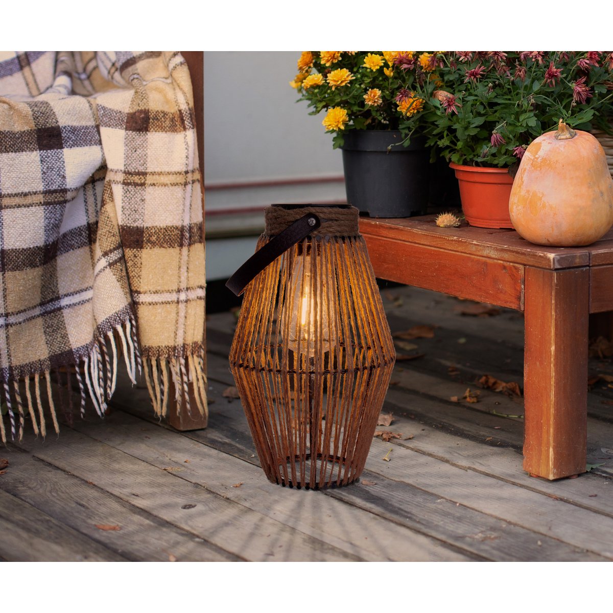 LED ZONNELIJKE LICHT "KORBINIAN" voor tuin en terras, decoratieve lamp gemaakt van metalen en plastic koordbedekking in de natuur, LED's stevig geïnstalleerd, zonnelamp voor buiten 30 x 18 cm