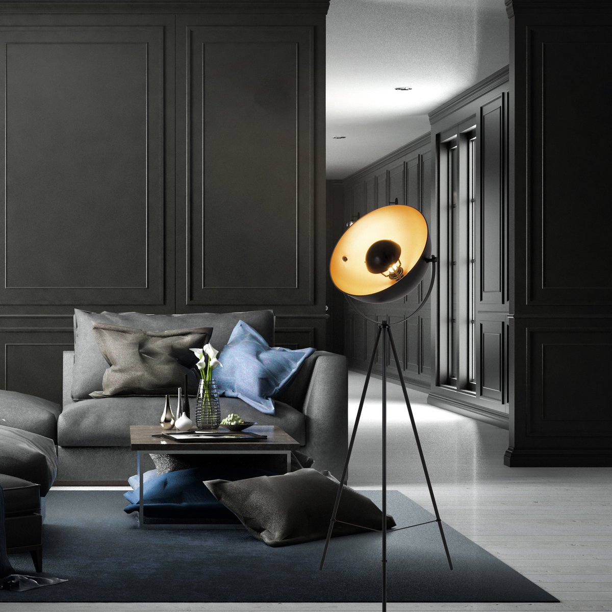 Staande lamp driekbende "Bernice", vloerlamp gemaakt van zwart en goud met E27-aansluiting, verlichting voor woonkamer, eetkamer of kantoor