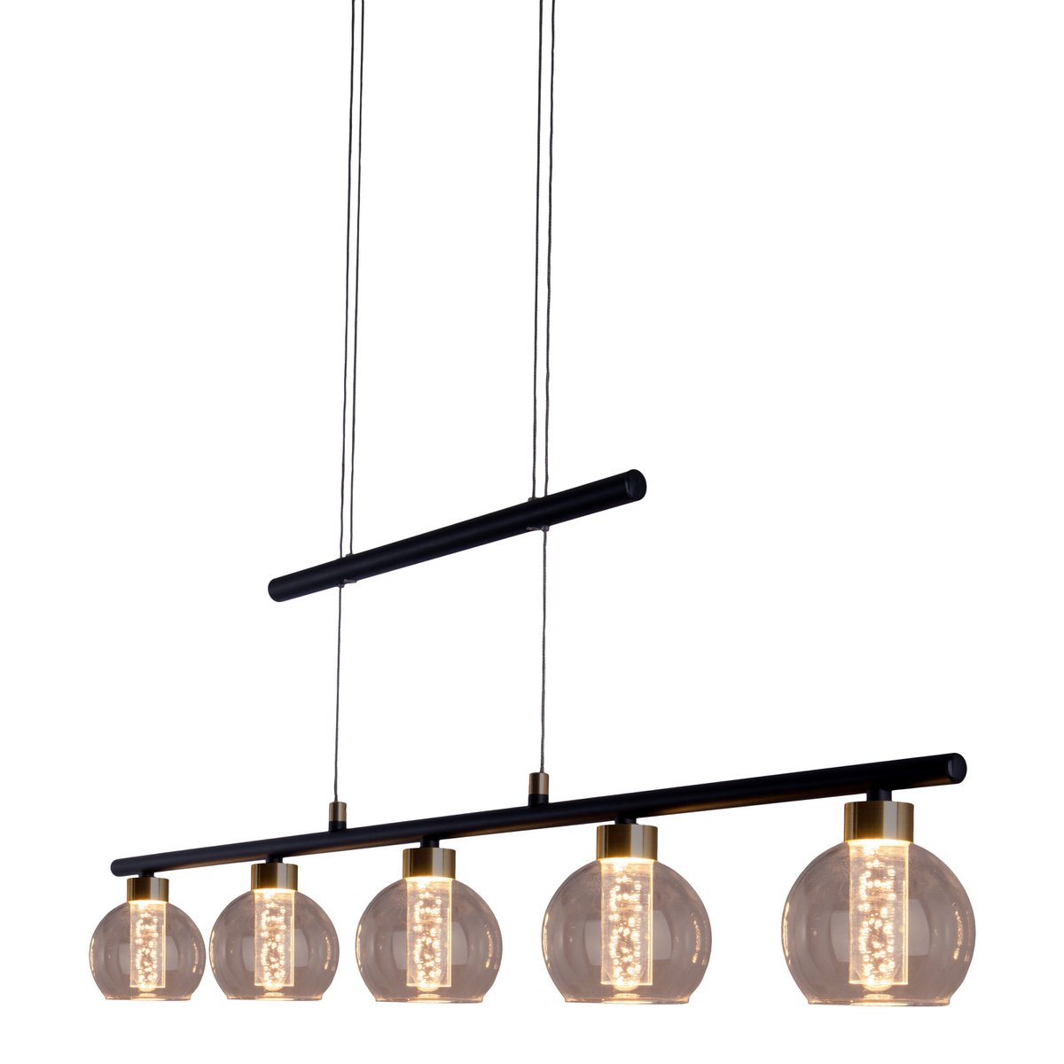 LED-glazen hanglamp "messing" zwart, klassiek, hangende lamp gemaakt van zwart metaal en glas, met stevig ingebouwde LED's, verlichting voor woonkamer, eetkamer of kantoor, 90 cm lang