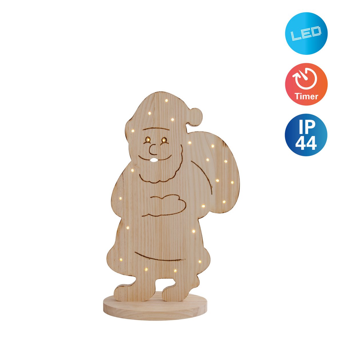 Led Wood Decolum "Santa" Small, kerstdecoraties gemaakt van hout in de natuur, met stevig ingebouwde LED's, voor de buitenruimte