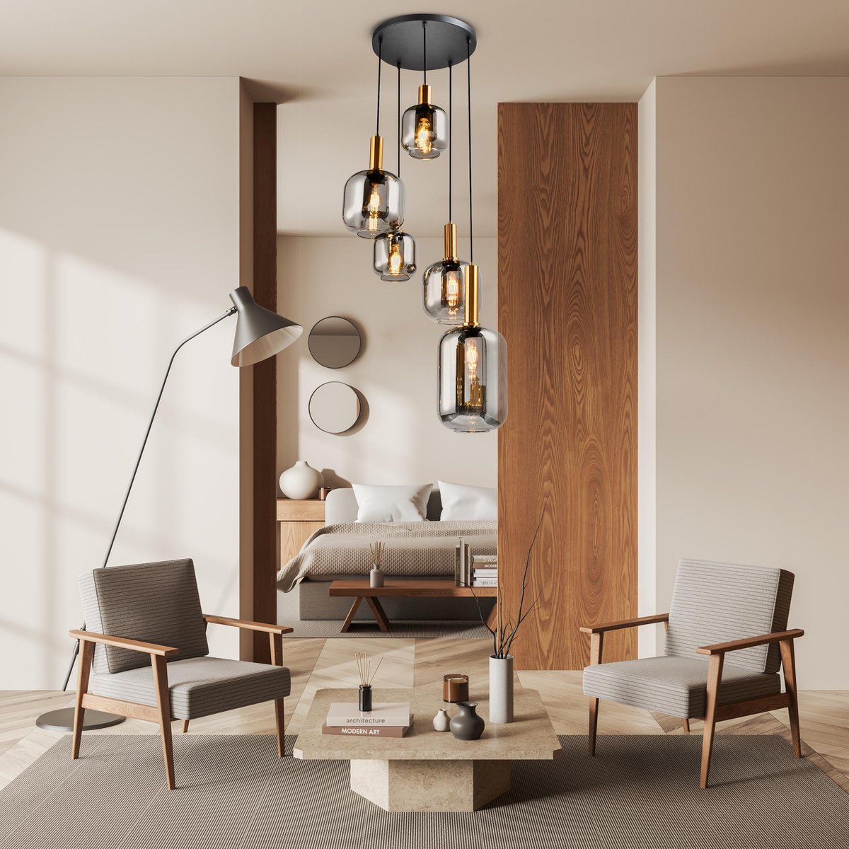 5 hanglamp "fumo", hanglamp gemaakt van metaal en glas in zwart, met E14 -aansluiting, voor eetkamer, woonkamer, gang of kantoor, hangende lamp Ø ca.