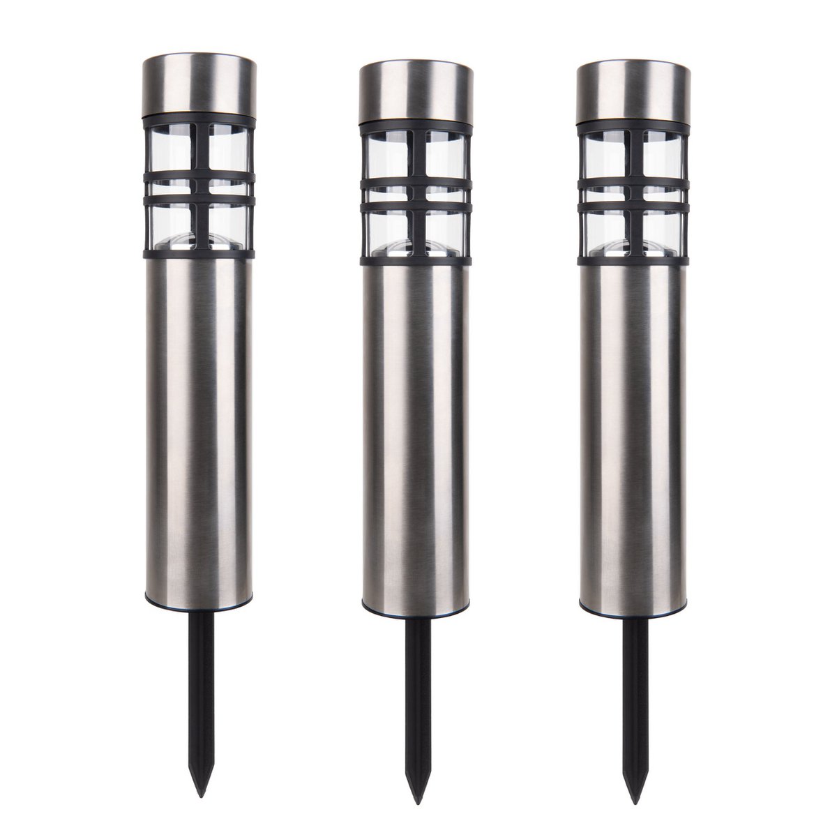 Zonne-decoratedspieß "Bobby" in de 3 set, Ø 6,2 cm, 42 cm hoog, metaal in stalen blank, plastic, geïntegreerde leds warm wit wit