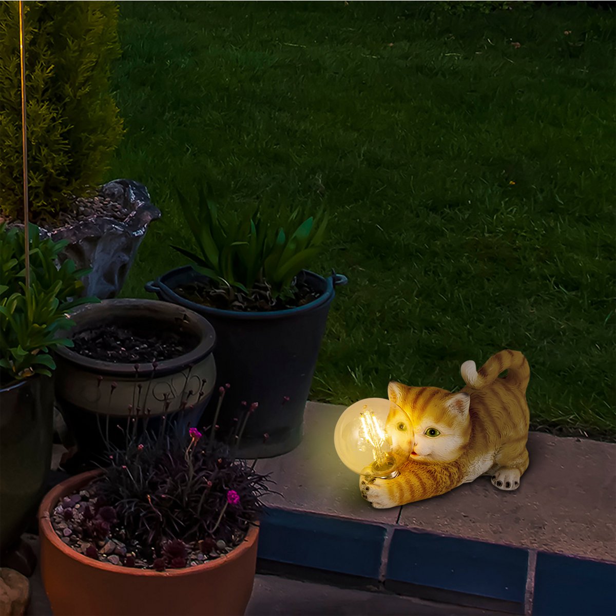 LED Solar Outdoor Lamp "Cat" 25 cm lange decoratie gemaakt van bruin plastic met geïntegreerde LED's