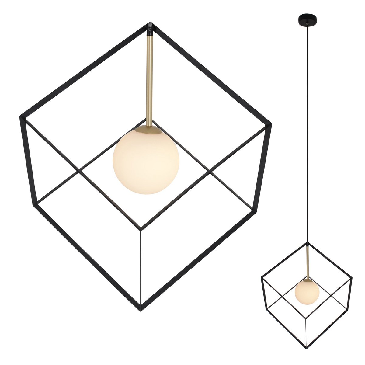 Hanger lamp "cadre", hanglamp retro gemaakt van metaal en glas in zwart en wit met een G9 -aansluiting, 30 cm zijlengte, voor woonkamer en kantoor.