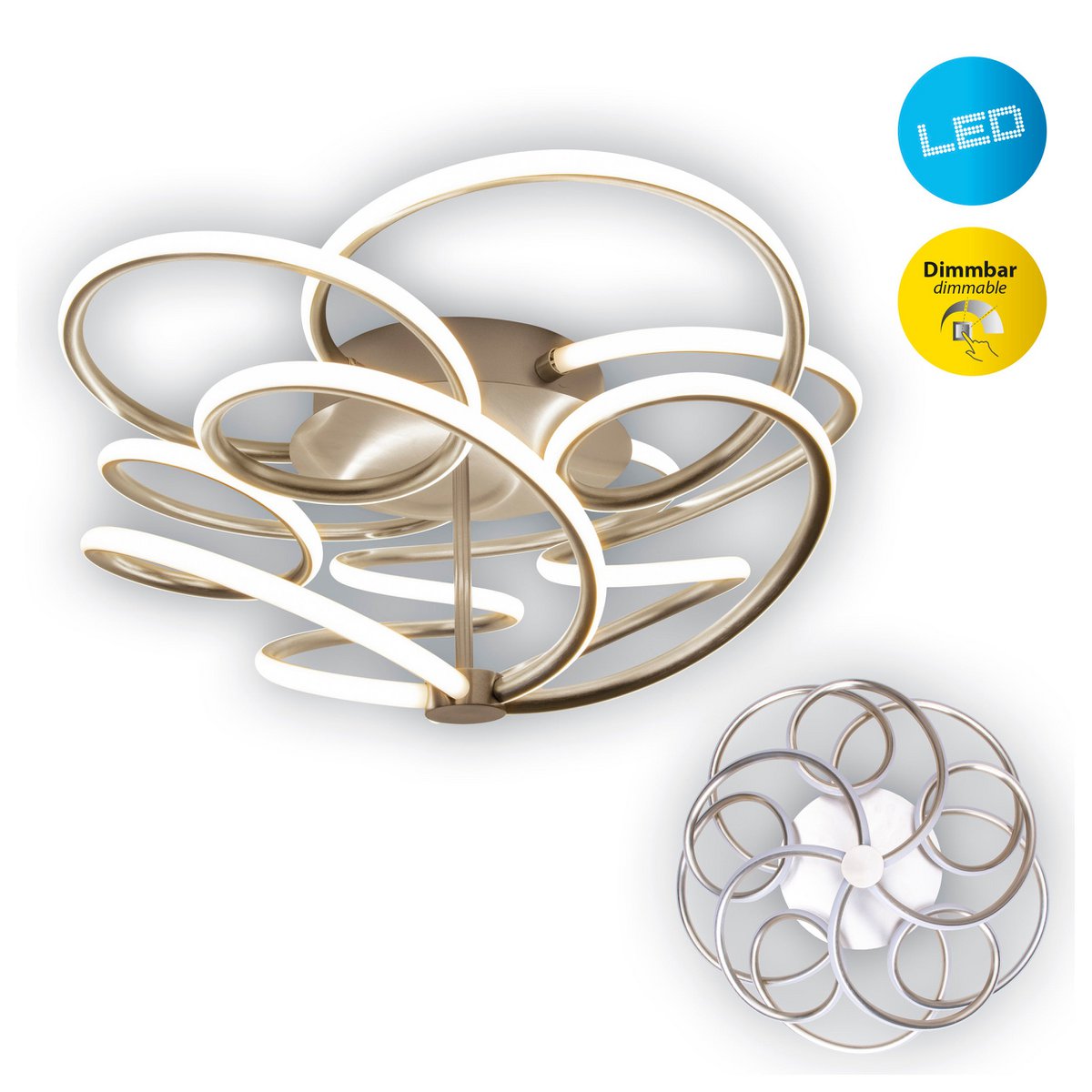 LED-plafondlamp "Rizado" Ø: 57 cm gemaakt van metaal in satijnen nikkel en plastic, met stevig ingebouwde LED's, verlichting voor woonkamers en kantoor.