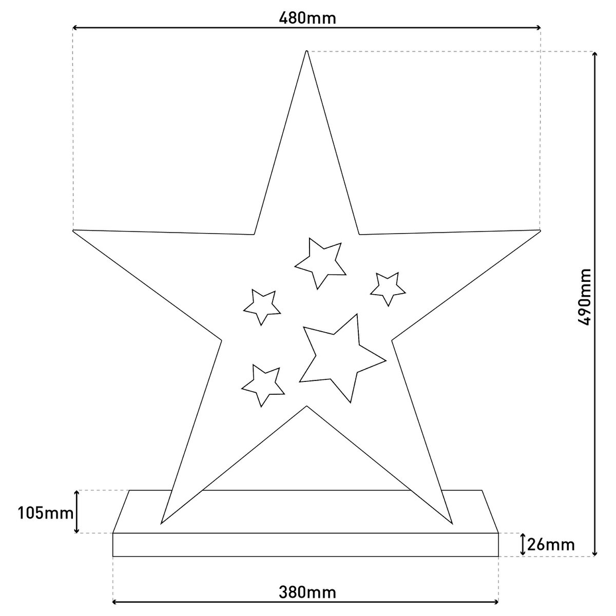 Led Wood Star 49 cm hoog, kerstdecoraties gemaakt van hout in de natuur, met stevig geïnstalleerde LED's