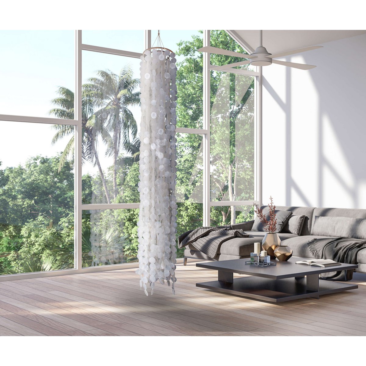 Hanger lamp "capiz" totale hoogte 235 cm, gemaakt van mosselplaten, met E27 -aansluiting, verlichting voor woonkamer, eetkamer of wintertuin