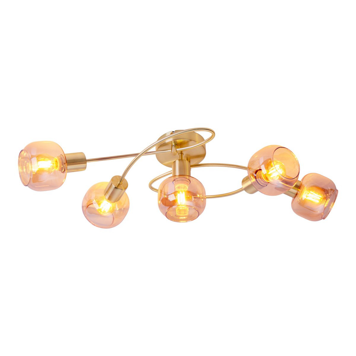 5er spot/plafondlamp "libby" messing, klassiek plafondlamp gemaakt van messing gekleurd metaal en getinte glas in barnsteen, met E14-aansluiting, voor eetkamer, woonkamer, gang of kantoor, 65,5 cm lang