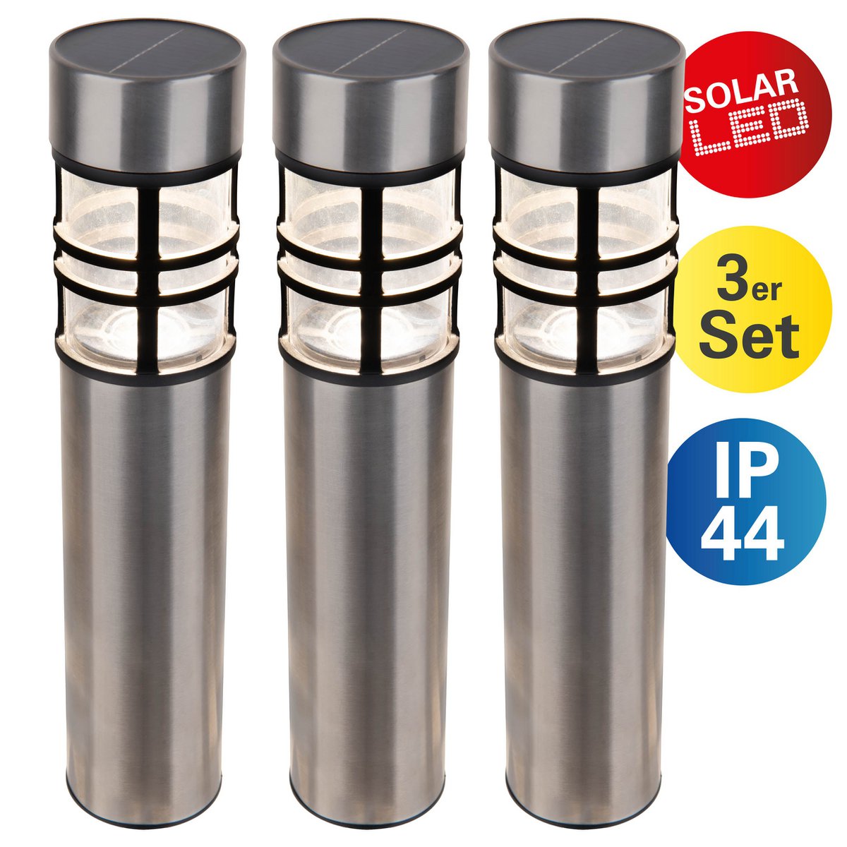 Zonne-decoratedspieß "Bobby" in de 3 set, Ø 6,2 cm, 42 cm hoog, metaal in stalen blank, plastic, geïntegreerde leds warm wit wit