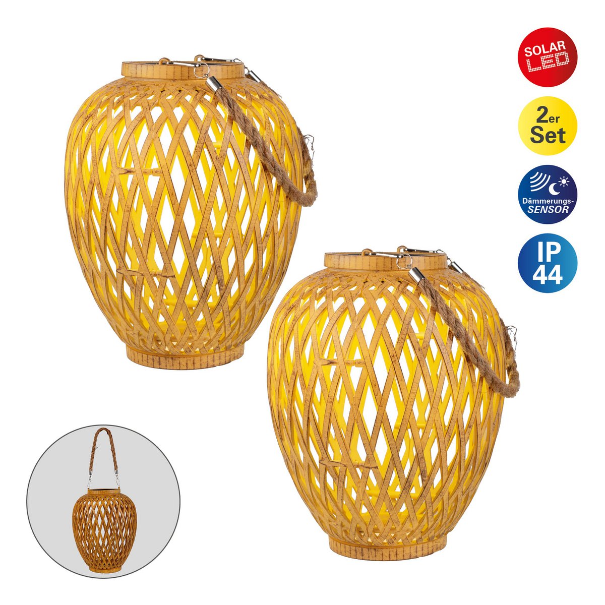 2 Set Basket / Solar Record "Cesto", gemaakt van natuurlijke gekleurde Artstrattan, met schemeringsensor, warm wit, 24 cm hoog, voor de buitenruimte