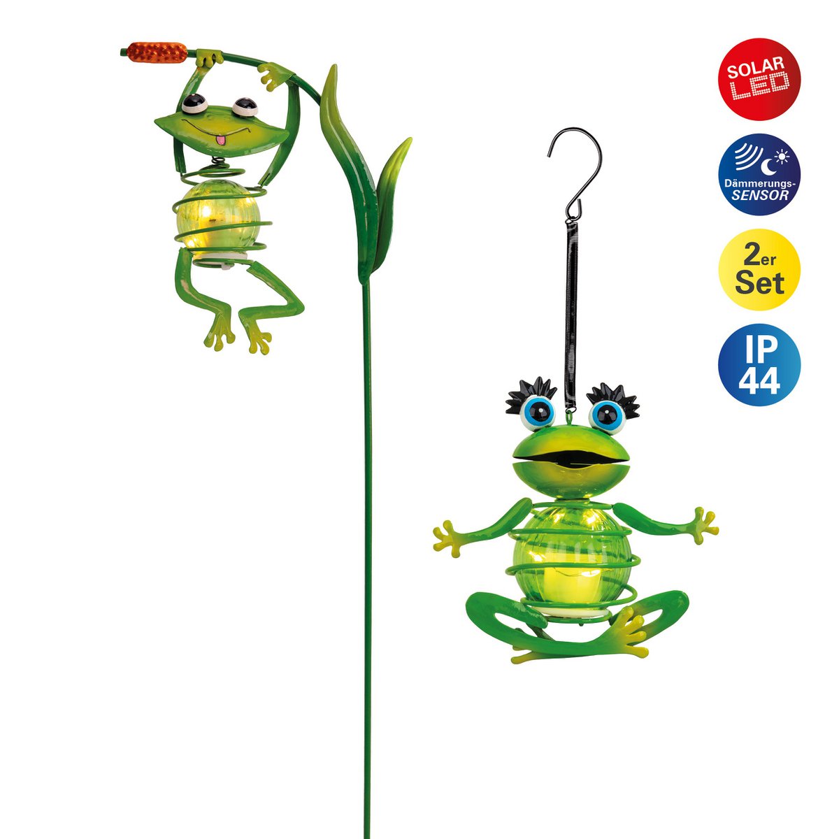 2 Set Solar-Deco Hanglight "Frosch" ca. 20 en 66 cm hoog, gemaakt van geschilderd. Dawn Sensor;