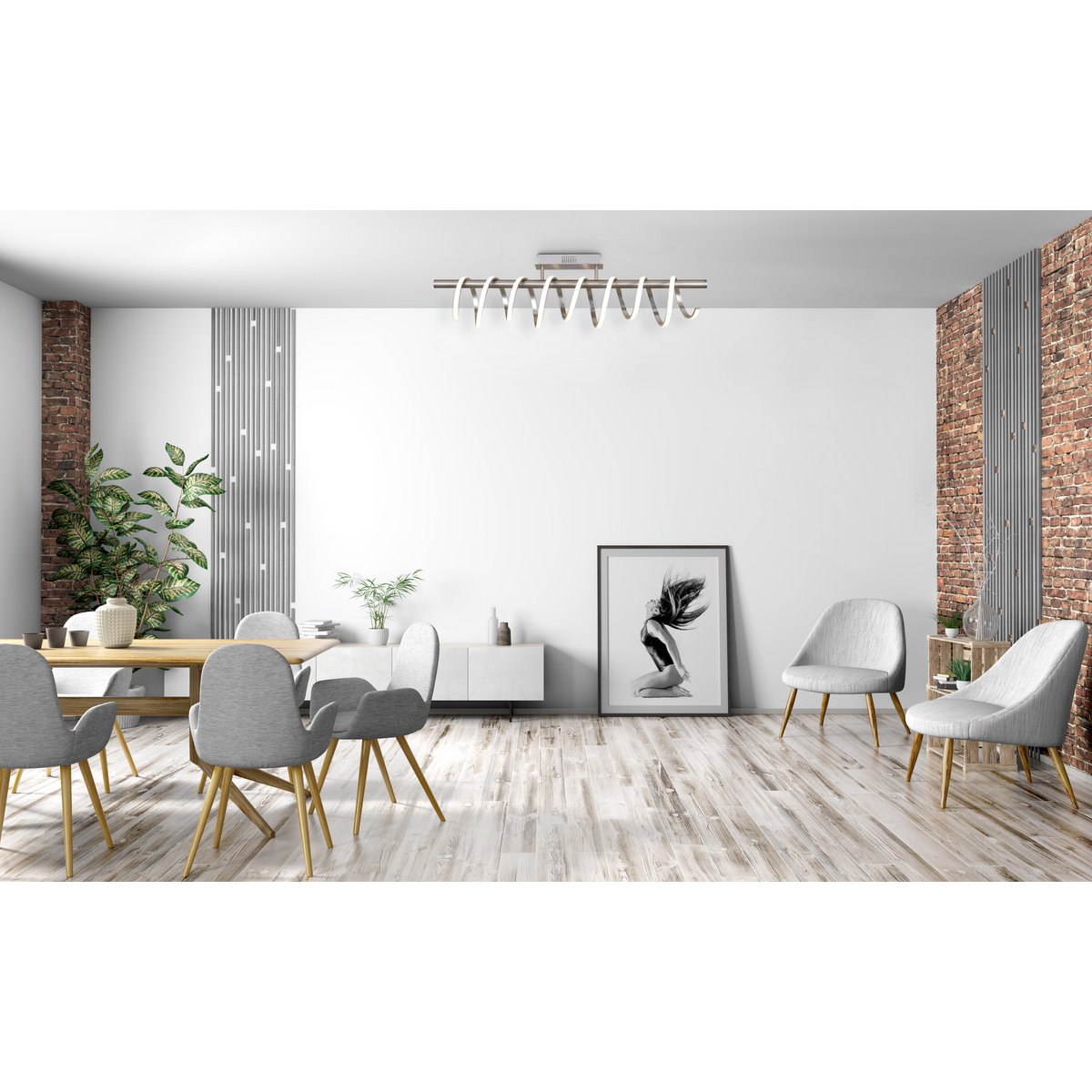 LED -plafondlamp "Belleza", moderne metalen plafondlamp en plastic in nikkel mat en wit, met stevig gebouwd -in LED's, 100 cm lang. De ideale verlichting voor woonkamer, eetkamer of keuken.