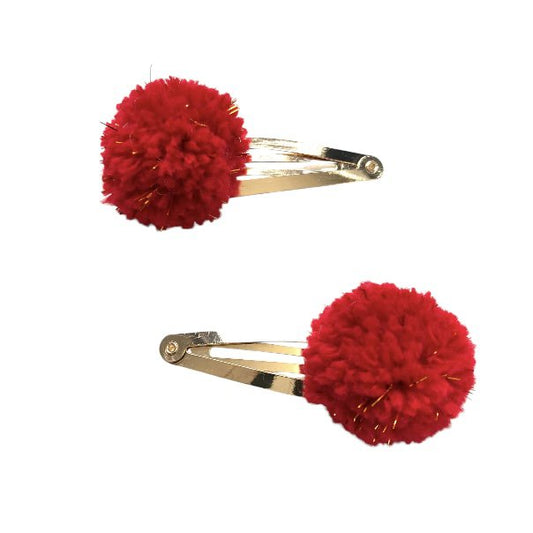 Luna -Leena Hair Clips POM POM 2X - ROOD & GOUD VLAKKEN - Zachte wol - Handgemaakt Nepal
