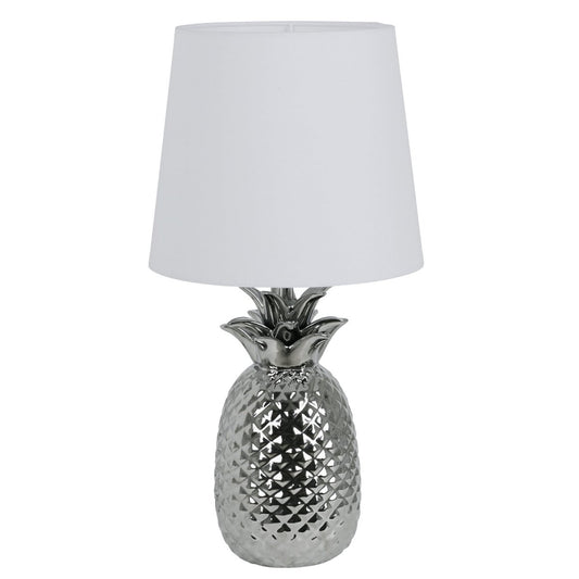 Keramische tafellamp "ananas", keramische tafellamp met chroomkleurig glazuur en wit stofscherm, met E14-aansluiting, voor eetkamer, woonkamer, gang of kantoor, 45 cm hoog