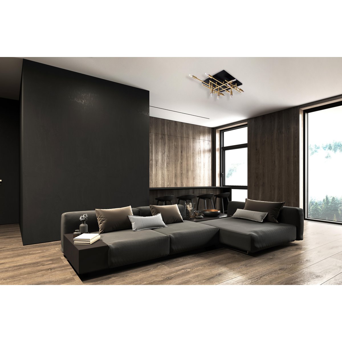 LED -plafondlamp "Ancona" met achtergrondverlichting gemaakt van metaal in zwart en messing, G9 -versies, lamp voor woonkamer, eetkamer, gang en kantoor, ca.