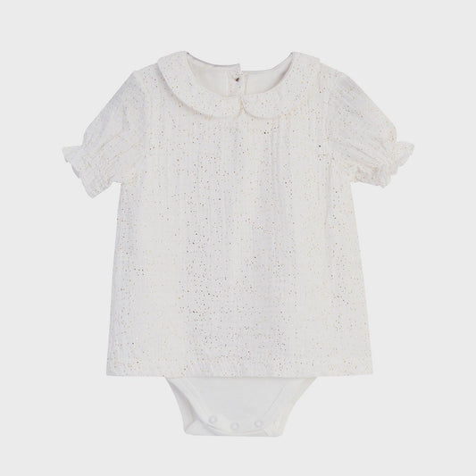 OrganicEra Biologische mousseline PeterPan-kraagoverhemdbody, wit en glitter