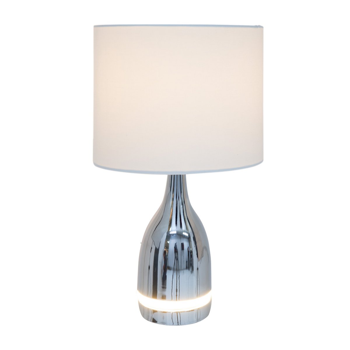 De "Cosima" LED -tafellamp is 43,5 cm hoog, paraplu Ø 25 cm, gemaakt van metaal, plastic, textielmateriaal in de kleuren chroom en wit. Beide geïntegreerde LED's in de Light Foot en E14 -versie