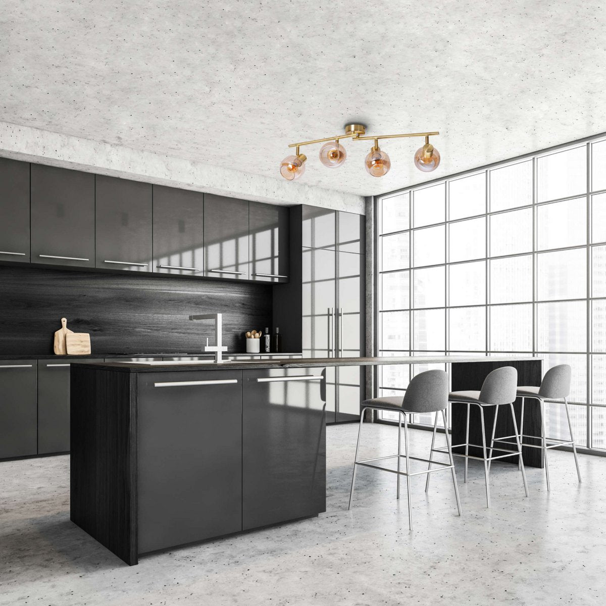 4er spot/plafondlamp "libby", klassieke plafondlamp gemaakt van messing gekleurd metaal en getinte glas in barnsteen, met E14-aansluiting, voor eetkamer, woonkamer, gang of kantoor, 80 cm lang