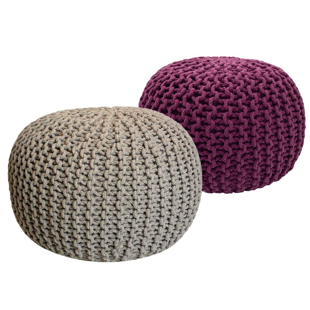 Sitzhocker Pouf SET 2 Stück Ø 55 cm H 37 cm Strickhocker Bodenkissen Grobstrick-Optik nachhaltig
