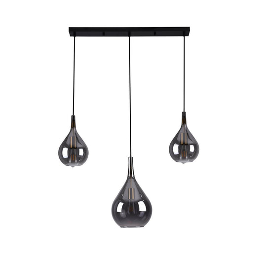 3-be hanglamp "Gota", retro klassieke hanglamp gemaakt van zwart rookglas met E27-frames, 88 cm lang, 150 hoog, ideaal voor eetkamer, woonkamer en keuken.