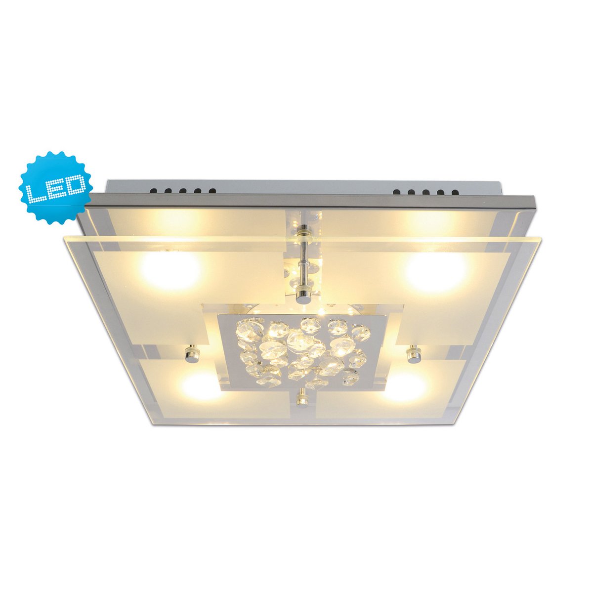 De LED -plafondlamp "chur" 30 x 30 cm, chom -gekleurd metaal, gedeeltelijk gevatneerd glas, geïntegreerde LED's, warm wit