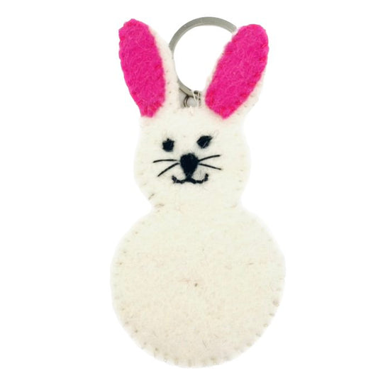 Luna -Leena Keychain Flat Rabbit / Bunny - Bag Charm - Off White & Pink - Wool Filt - Handmade in Nepal