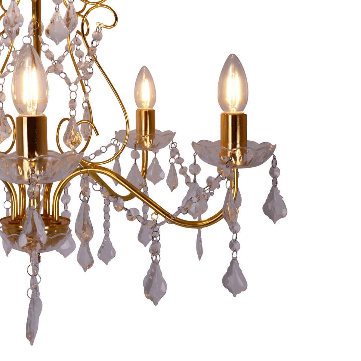 Krone 5flg. "Lucia" met gordijn, gemaakt van metaal en plastic in goud, met E14 -versie, verlichting voor eetkamer, woonkamer, gang of kantoor