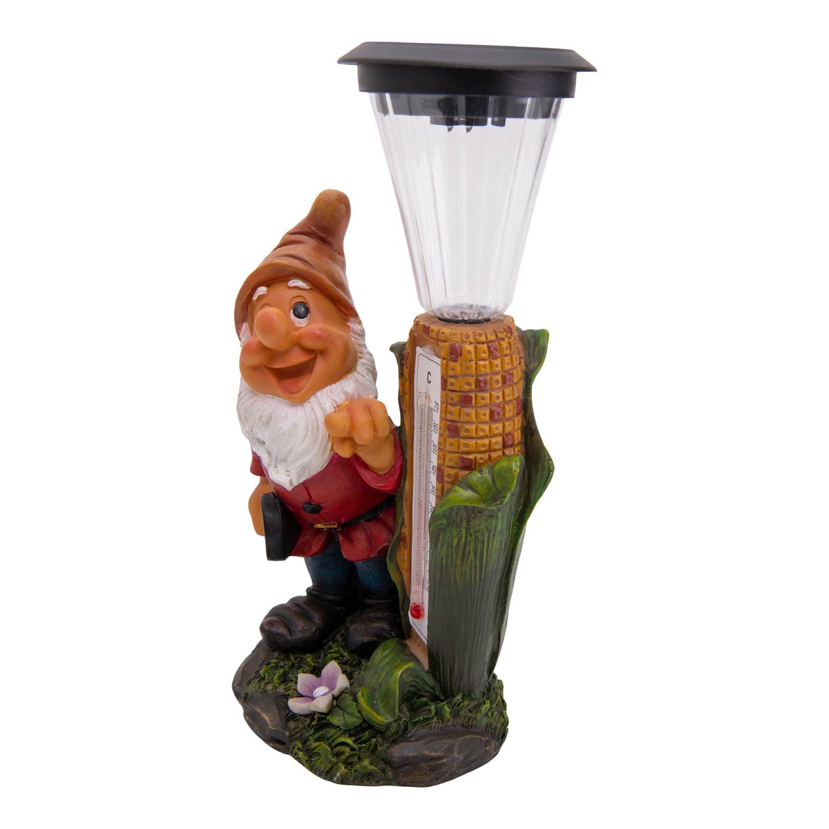 LED -decoratie Solar Light "Dwarf" met thermometer gemaakt van geschilderde polyresin, ongeveer 26 cm hoog en uitgerust met stevig geïnstalleerde LED's