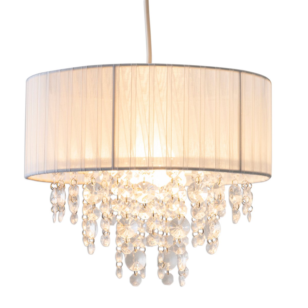 Decoratieve hanglamp "Crystallo", hanglamp gemaakt van metaal, transparant plastic en wit textielmateriaal, E27 -aansluiting, voor eetkamer, woonkamer, gang of kantoor, 30 cm diameter