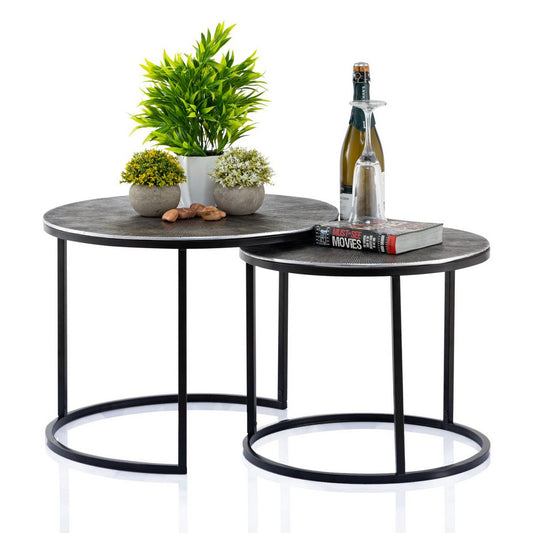 Salontafelset 2 stuks ø 55 en 45 cm bijzettafel zilver metalen tafels ronde Carlton woonkamer