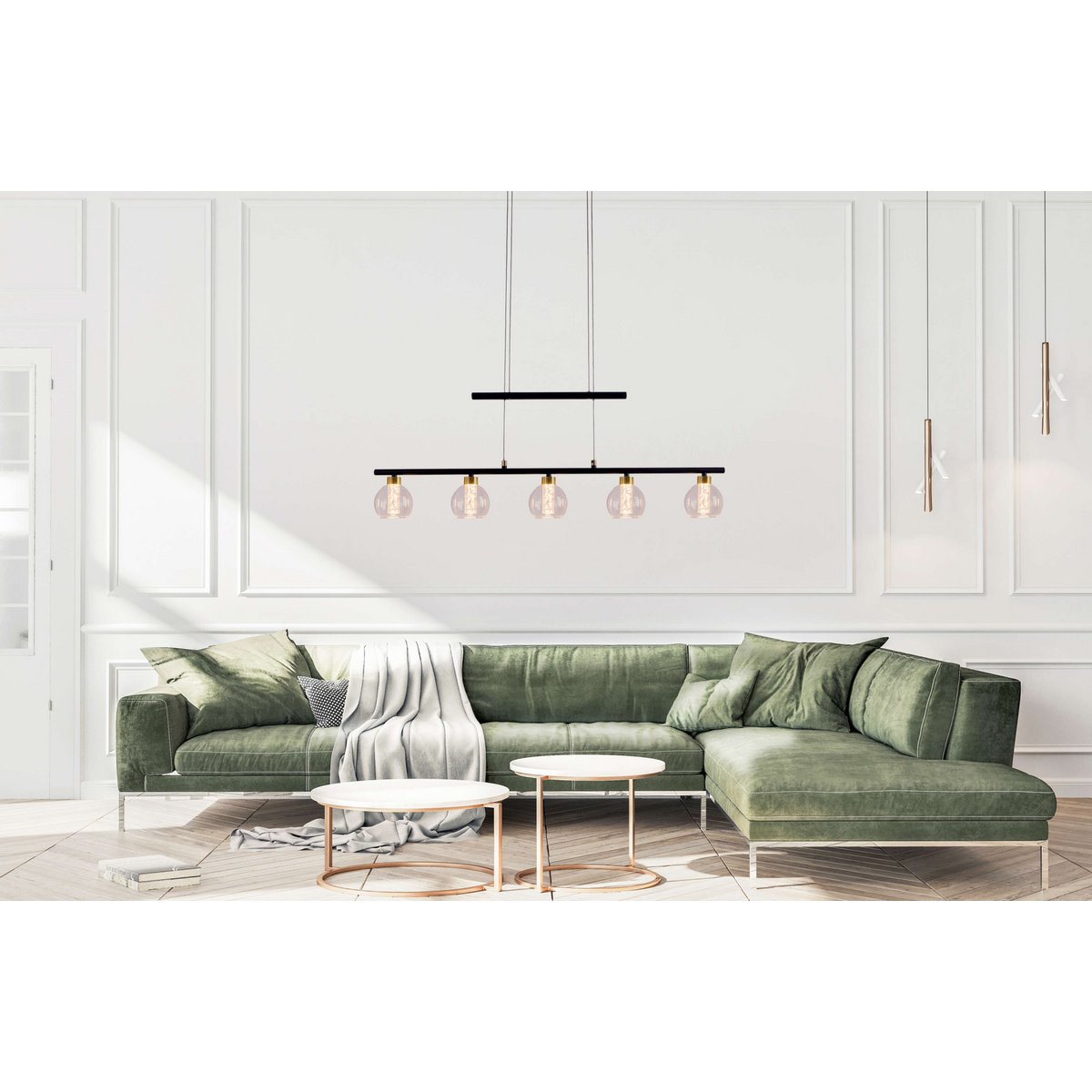 LED-glazen hanglamp "messing" zwart, klassiek, hangende lamp gemaakt van zwart metaal en glas, met stevig ingebouwde LED's, verlichting voor woonkamer, eetkamer of kantoor, 90 cm lang