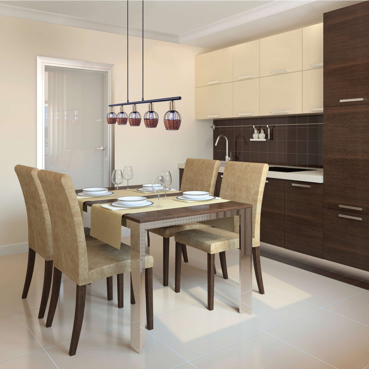 5 hanglamp "Corbis", echtelijke lamp gemaakt van zwart in zwart, met goud en rotan, met E14 -aansluiting, voor eetkamer, woonkamer, gang of kantoor, 100 cm lang