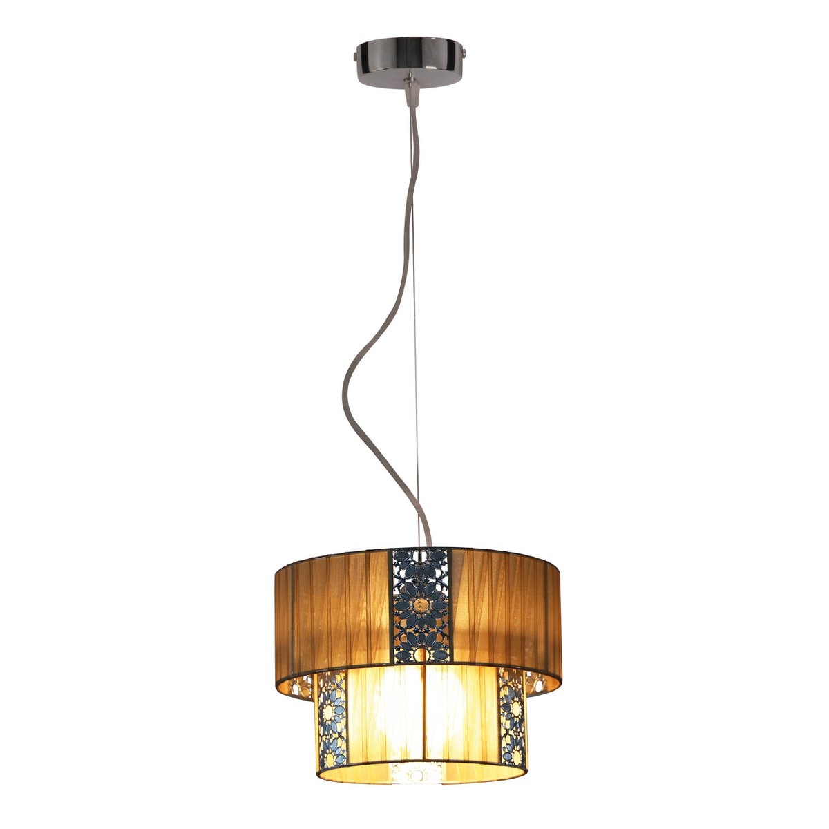 De "Pori" hanglamp tot 120 cm hoog, Ø 30 cm, gemaakt van metaal en polyester, kleur cappuccino, E27 -versie