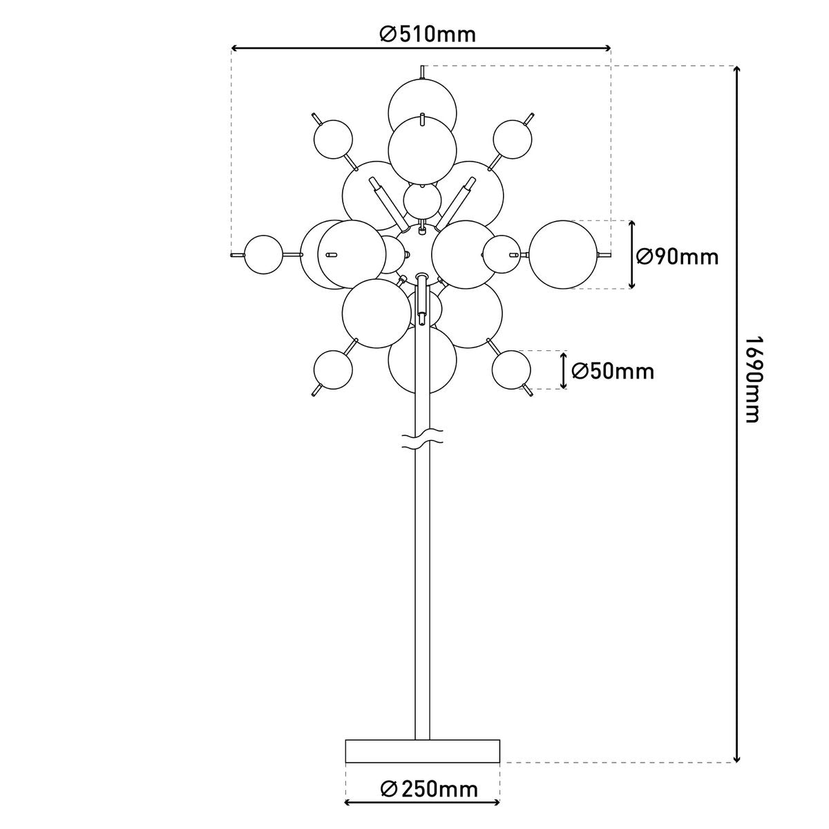 Staande lamp "explosie" in chroom, vloerlamp gemaakt van metaal en glas, chroom, G9, vloerlamp 169 cm hoog