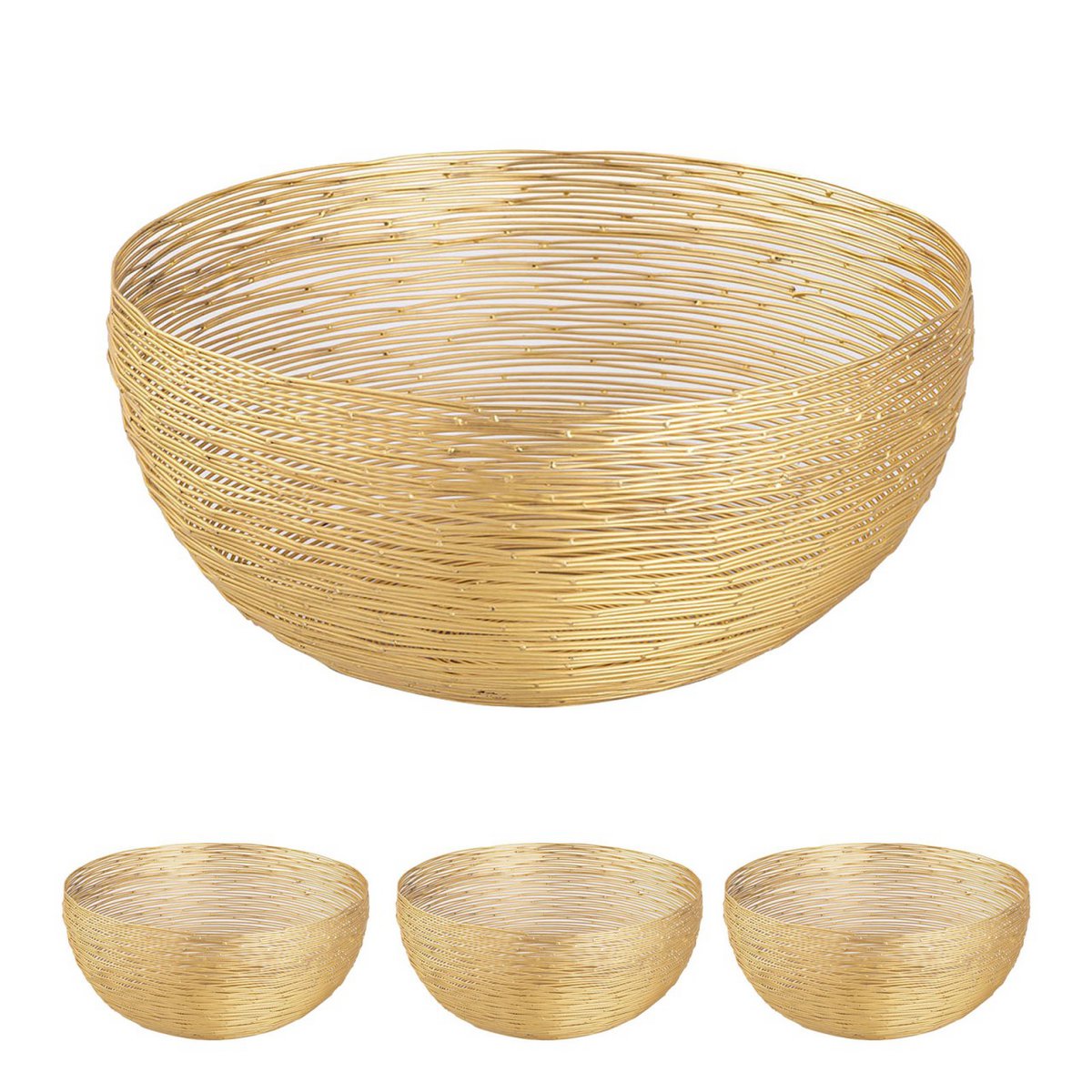 Fruitmand 4-delige Ø 30 cm H 13 cm broodmand fruitkom metaal rond zilveren of gouden poppendraadstructuur