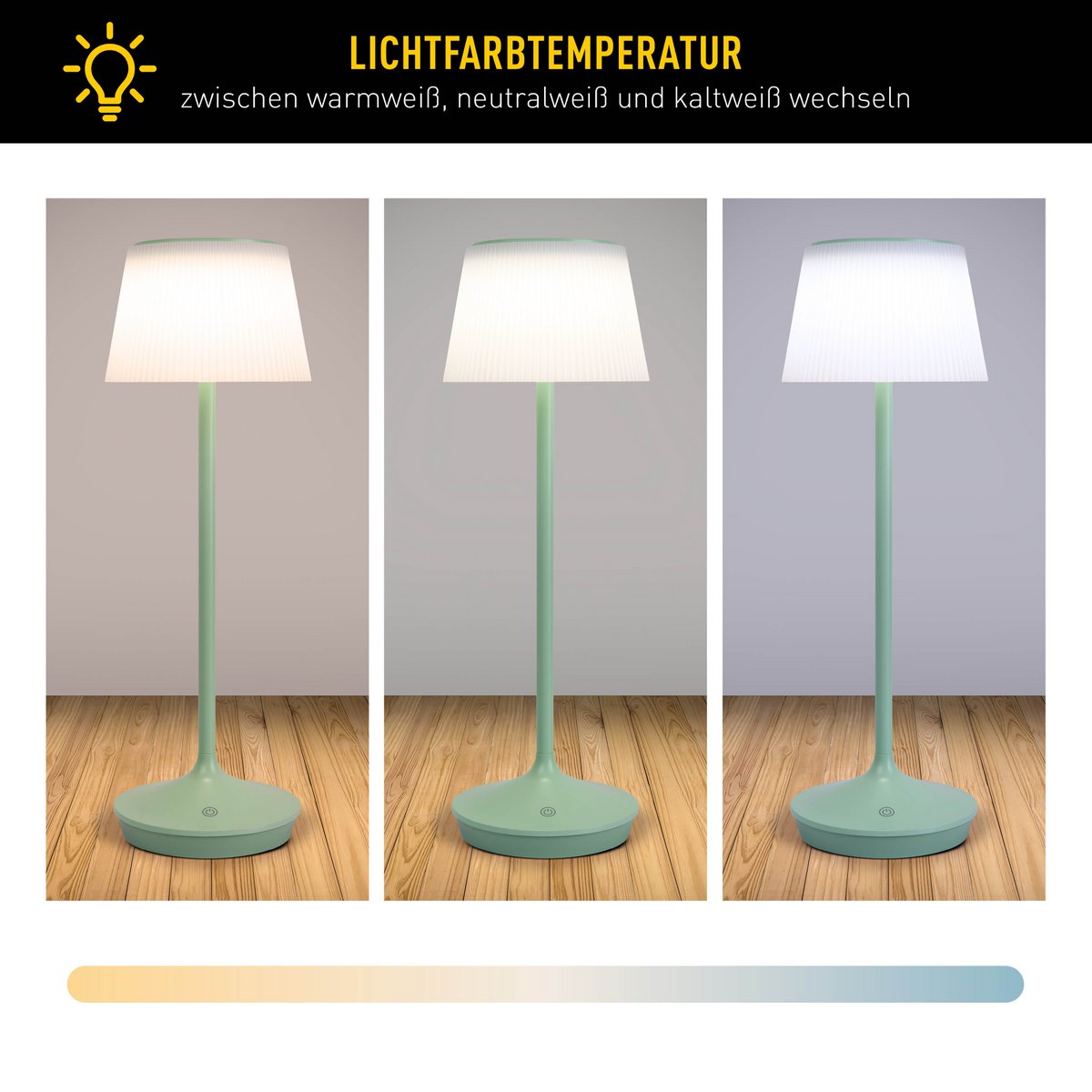 Zonne -batterijlamp "EMMI" 38 cm hoog, paraplu Ø 13 cm, metaal in mint en wit plastic, voor de buitenruimte, dimable CCT.