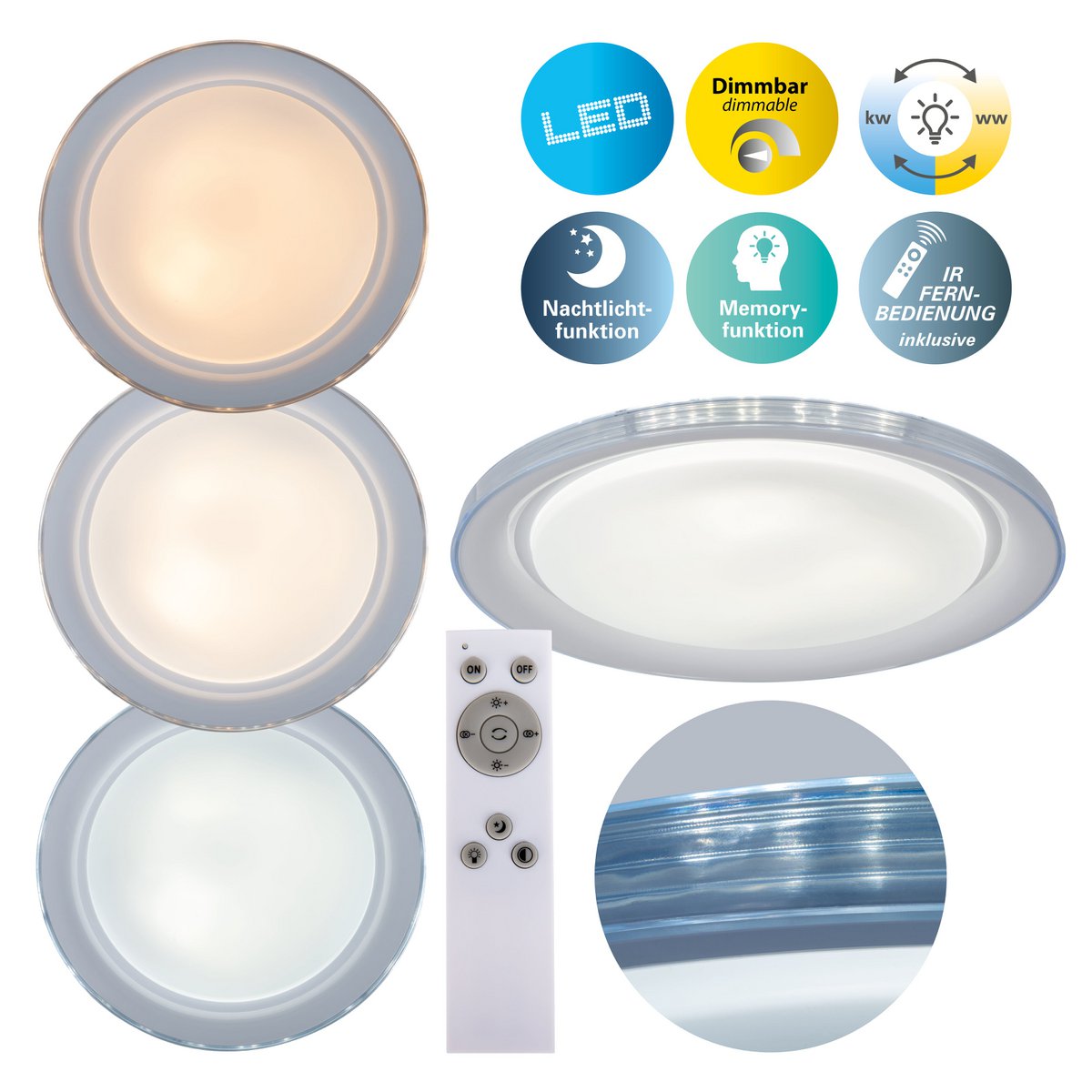 LED-plafondlicht "Claire" Ø 50,5 cm, 7,5 cm hoog, metaal en plastic in wit, geïntegreerde LED, 1600 lm, dimable, CCT-functie, 3000-5000 K, nachtlichtfunctie