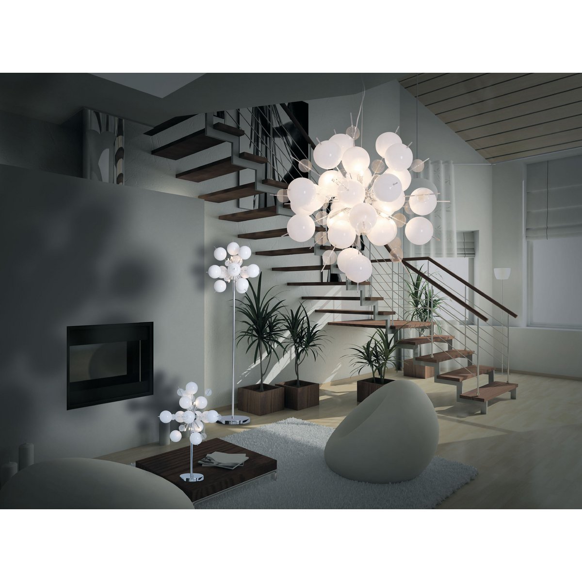 Hanger lamp "explosie" wit gemaakt van metaal en glas, G9 -versies, voor eetkamer, woonkamer, gang of kantoor, hangende lamp ØCA 65 cm