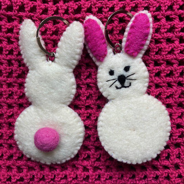 Luna -Leena Keychain Flat Rabbit / Bunny - Bag Charm - Off White & Pink - Wool Filt - Handmade in Nepal