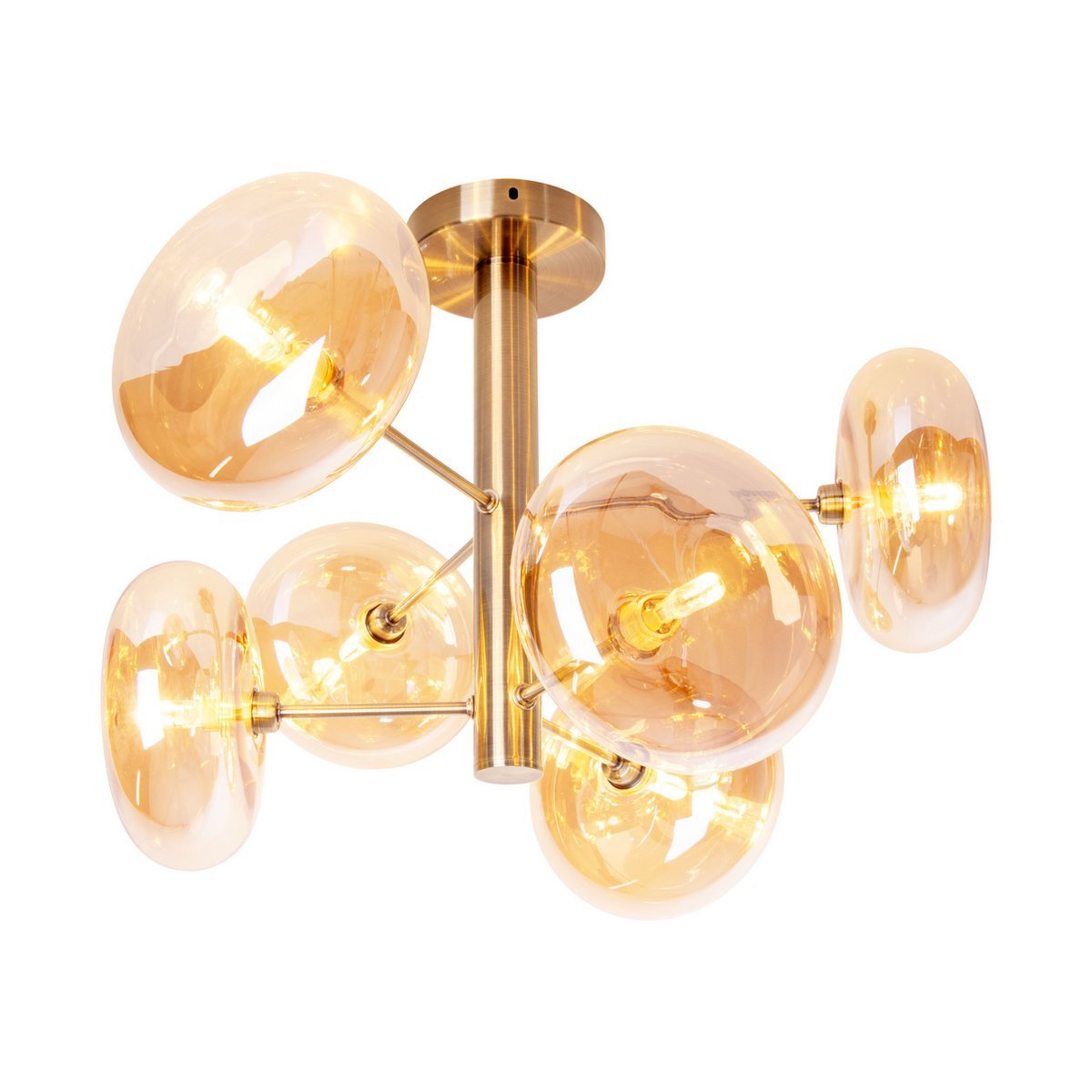 Plafondlamp "Orion" Ø ongeveer 53 cm barnsteen, gemaakt van messing gekleurd metaal en glas in barnsteen, G9-basis, verlichting voor woonkamer, eetkamer of kantoor.